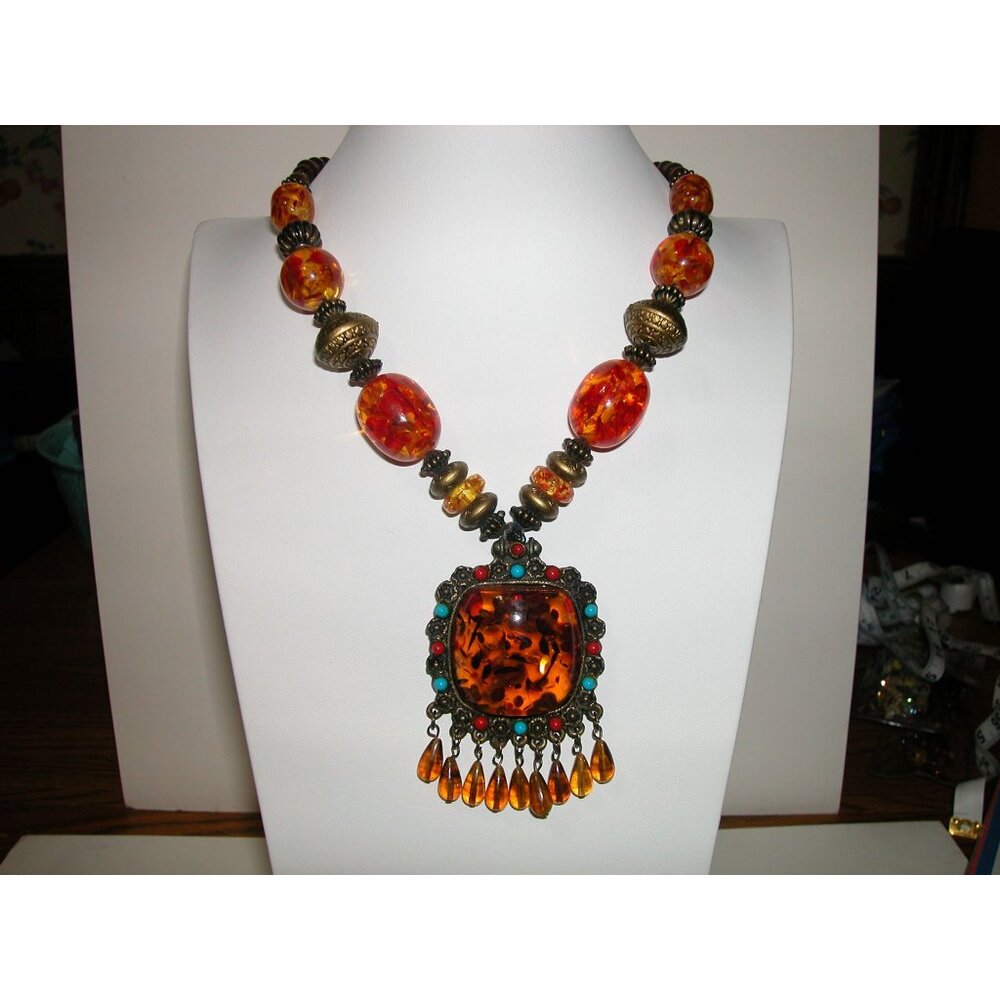 Vintage Amber Beaded Necklace With Ornate Pendant & Dangle Drops